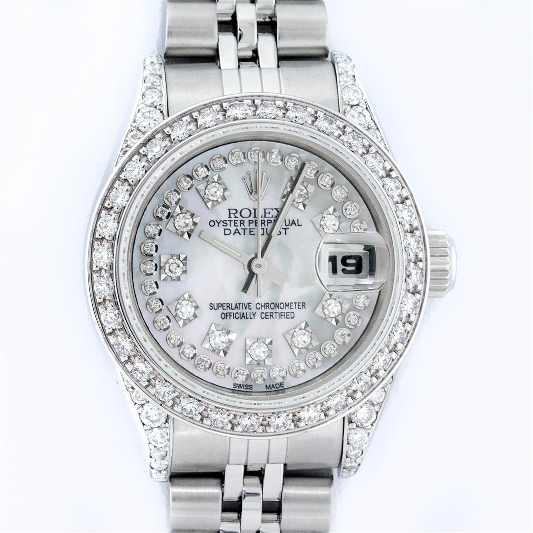 Rolex Ladies Stainless Steel Quickset Mother Of Pearl: One Quickset Ladies Stainless Steel Rolex Datejust Polished Bright with Satin Finish, Serviced & Electronically Tested, Stainless Steel Case: 26mm, Stainless Steel Crown, Custom Diamond Lugs: 24 Diamo
