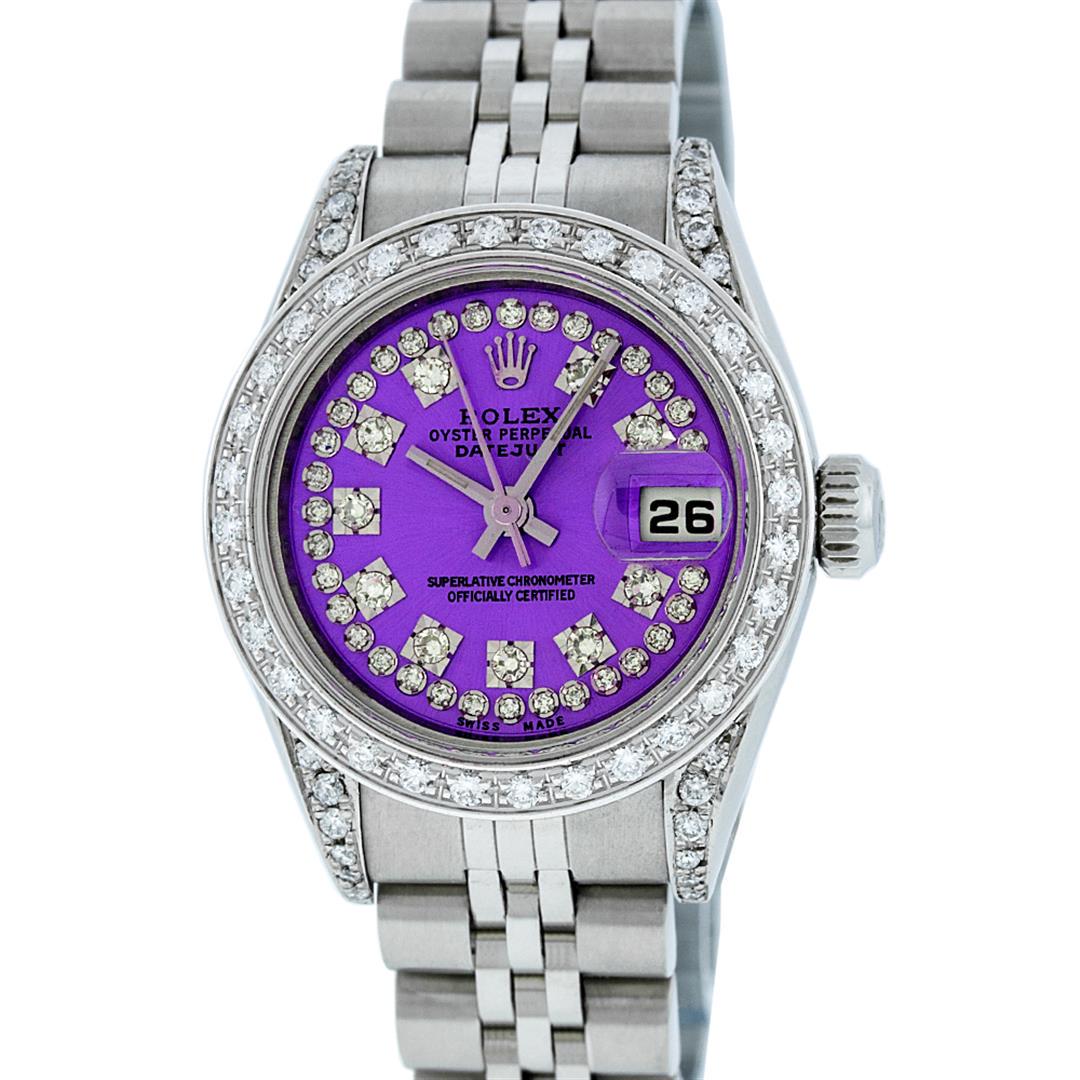 Rolex Ladies Stainless Steel Quickset Purple String: One Quickset Ladies Stainless Steel Rolex Datejust Polished Bright with Satin Finish, Serviced & Electronically Tested, Stainless Steel Case: 26mm, Stainless Steel Crown, Custom Diamond Lugs: 24 Diamo
