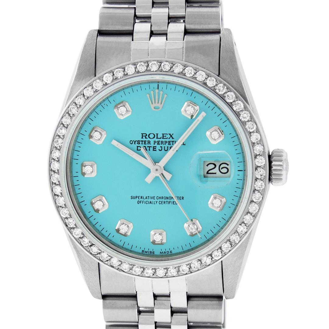 Rolex Mens Stainless Steel Blue Diamond 36MM Datejust: One Mens Rolex Stainless Steel Datejust Polished Bright with Satin Finish, This Watch Has Been Serviced & Electronically Tested, Stainless Steel Case: 36mm, Stainless Steel Crown, Custom Bezel: New S