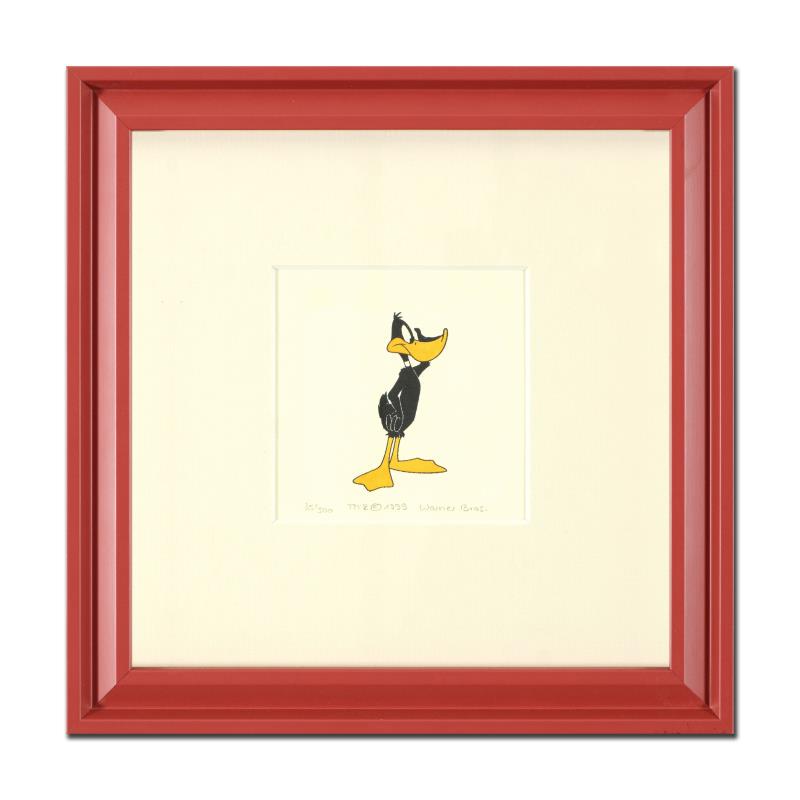 Daffy Duck by Looney Tunes: "Daffy Duck" is a limited edition etching on paper with hand-tinted coloring from Warner Bros, numbered and dated 1999. This piece comes framed. Measures approx. 9" x 9" (with frame), 1.5" x 2.5" (ima