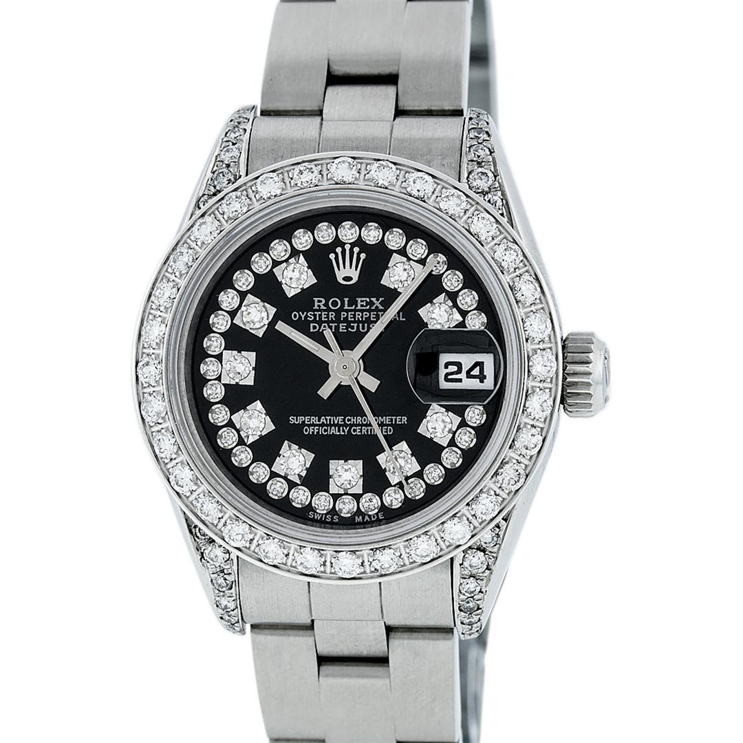 Rolex Ladies SS 26MM Black Diamond Lugs Oyster Quickset: One Ladies Stainless Steel Quickset Rolex Datejust Polished Bright with Satin Finish, Serviced & Electronically Tested, Stainless Steel Case: 26mm, Stainless Steel Crown, Custom Diamond Lugs: 24 Diamo