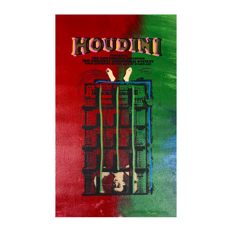 Houdini by Steve Kaufman (1960-2010): "Houdini" is a limited edition hand pulled silkscreen mixed media on canvas by Andy Warhol protege Steve Kaufman (1960-2010). This piece is numbered and 17/50 and hand signed inverso. Includes letter 