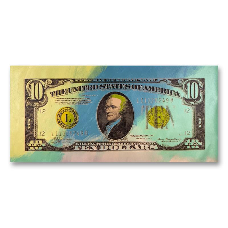 1934 Ten Dollar Hamilton Dollar Bill by Steve Kaufman: 1934 Ten Dollar Hamilton Dollar Bill is a limited edition hand pulled silkscreen mixed media on canvas by Andy Warhol protege Steve Kaufman (1960-2010). This piece is numbered and AP 23/50 and hand si