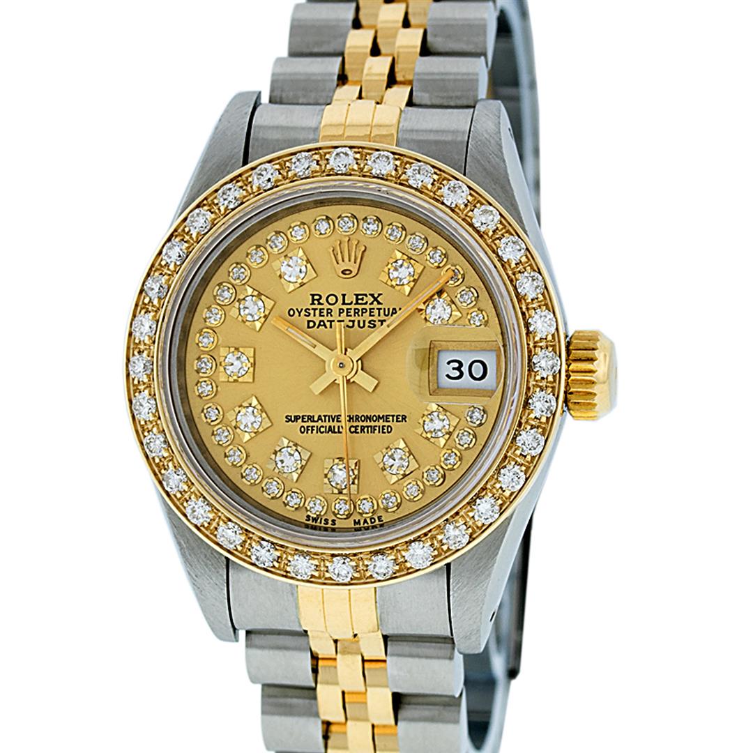 Rolex Ladies 2 Tone Yellow Gold Champagne Diamond: One Ladies Two Tone Yellow Gold Rolex Datejust Polished, Serviced & Electronically Tested, Yellow Gold & Stainless Steel Case: 26mm, Yellow Gold Crown, Custom Bezel: New 18K New Yellow Gold Beadset Di