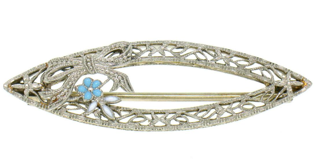 Art Deco 14K White Gold Filigree Marquise Shape Enamel: One Antique Art Deco 14K White Gold Filigree Marquise Shape Enamel Flower Brooch Pin. Item Details: Material: 14K Solid White Gold, Total Weight: 2.7 Grams, Overall Height: 10.89mm, Overall Width: 36.