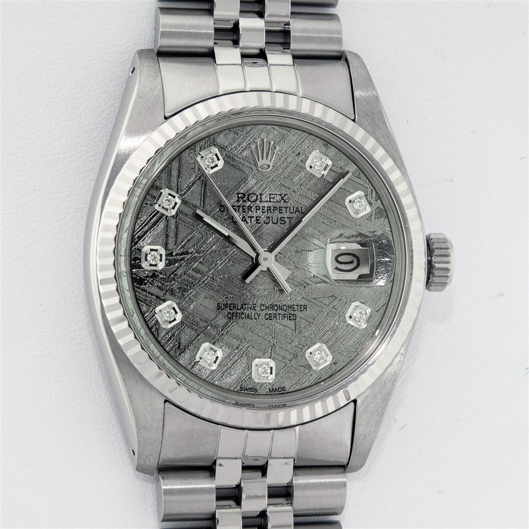Rolex Mens Stainless Steel Meteorite Diamond 36MM: One Mens Stainless Steel Rolex Datejust Polished Bright with Satin Finish, This Watch Has Been Serviced & Electronically Tested, Stainless Steel Case: 36mm, Stainless Steel Crown, Original Bezel: 14K