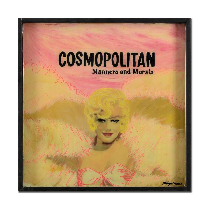 Cosmo Chick Manner and Morals by "Ringo" Daniel Funes: Cosmo Chick: Manner and Morals is a framed hand painted one-of-a-kind mixed media with resin layered gloss on canvas by Ringo (Daniel Funes) - protege of Andy Warhol's apprentice, Steve Kaufman. This 