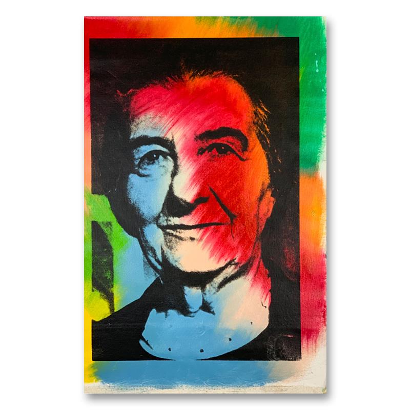 Golda Meir by Steve Kaufman (1960-2010): Golda Meir is a limited edition hand pulled silkscreen mixed media on canvas by Andy Warhol protege Steve Kaufman (1960-2010). This piece is numbered and CP 38/50 and hand signed inverso. Includes let