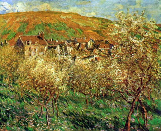 Claude Monet - Flowering Apple Trees: Artist: Claude Monet - Title: Flowering Apple Trees - Medium: Fine Art Reproduction Giclee on Canvas - Image Size: Approximately 26 inches x 32 inches - Unframed on Unstretched Canvas - Biography: Cla