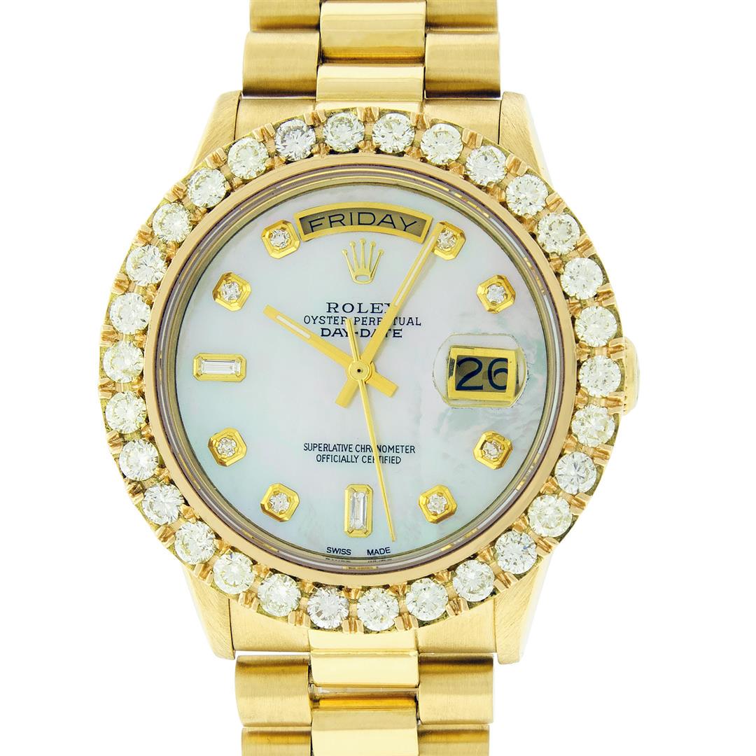 Rolex Mens 18K Yellow Gold 4.0 ctw Diamond Day Date: One Mens Rolex Day Date 18K Yellow Gold President Polished, Serviced & Electronically Tested, 18K Yellow Gold Case: 36mm, 18K Yellow Gold Crown, Custom Bezel: New 18K 4ctw Yellow Gold Beadset Diamond