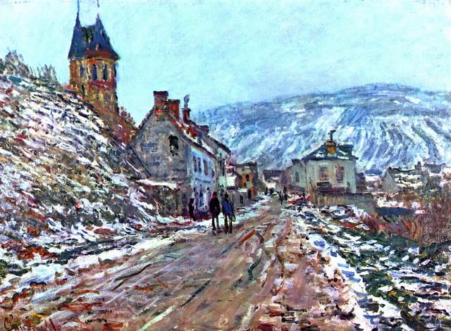 Claude Monet - Road to Vetheuil in Winter: Artist: Claude Monet - Title: Road to Vetheuil in Winter - Medium: Fine Art Reproduction Giclee on Canvas - Image Size: Approximately 23.5 inches x 32 inches - Unframed on Unstretched Canvas - Biograp
