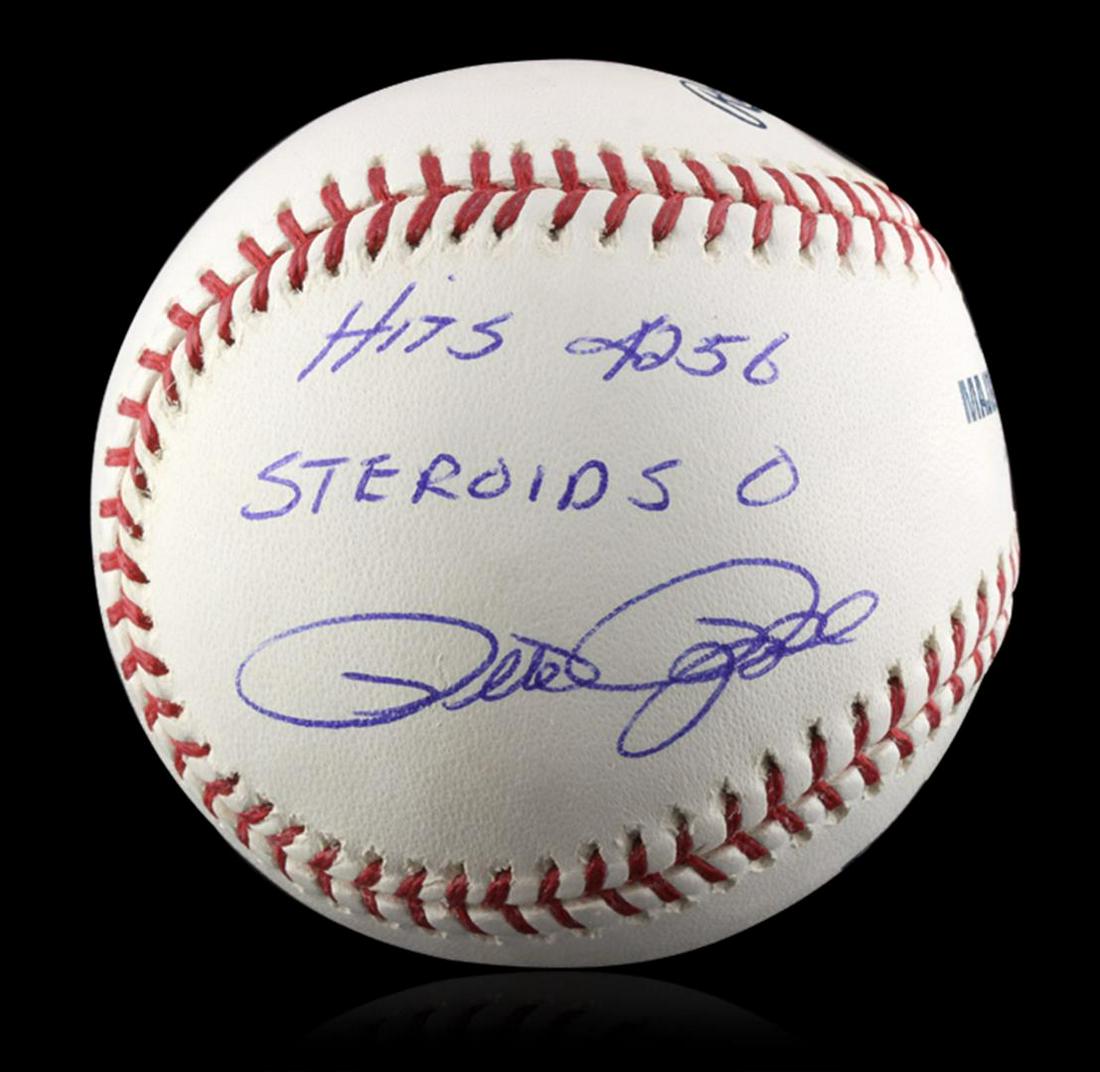 Autographed Pete Rose Baseball PSA Certified: Autographed Pete Rose Baseball PSA Certified. Excellent Condition! DX153MA. Signed Pete Rose baseball with 4256 hits and 0 Steroids written on the ball. Pete Rose had "4256 hits in his 24 year career