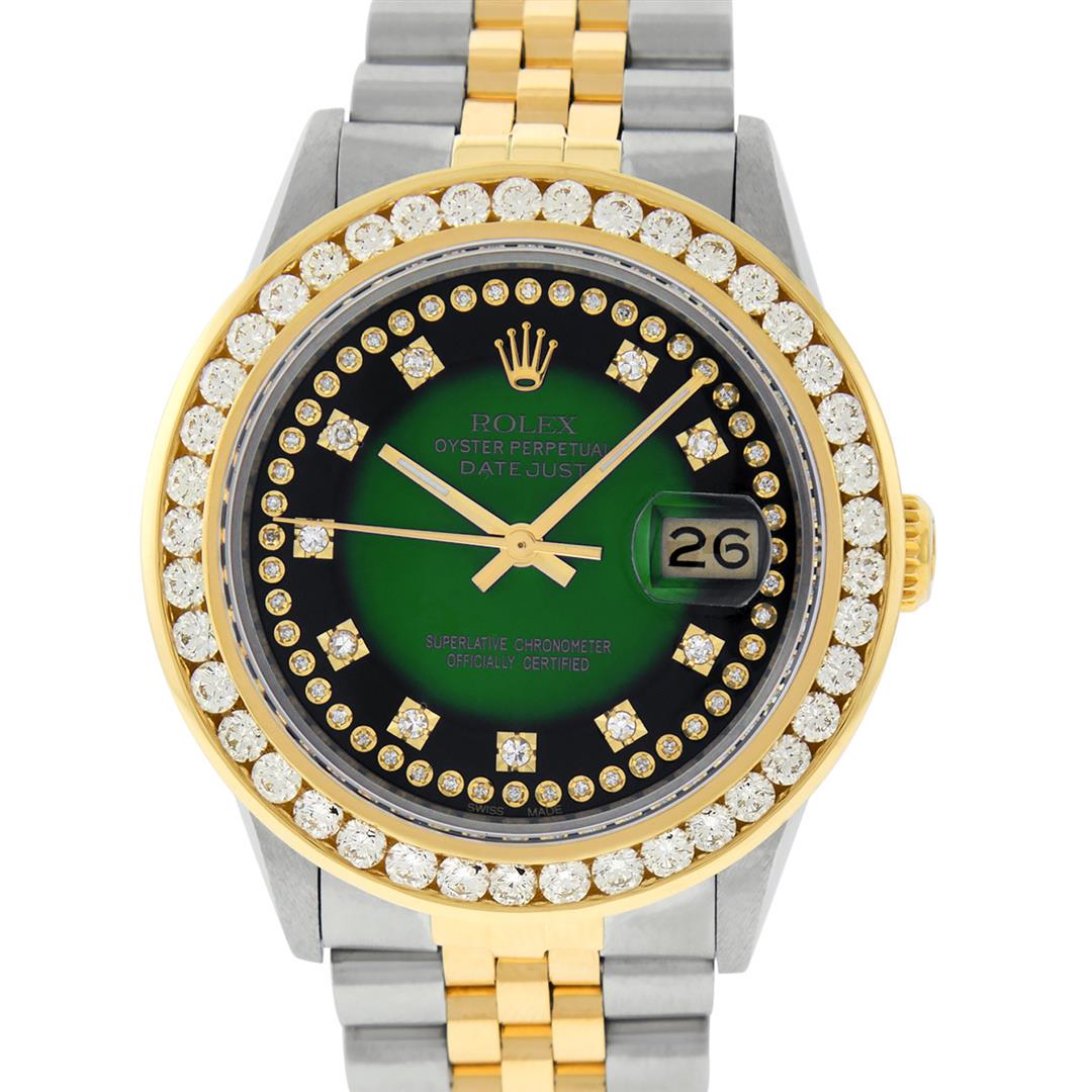 Rolex Mens 2 Tone Green Vignette String VS 3 ctw: One Mens 14K Yellow Gold Rolex Datejust Polished Bright with Satin Finish, Serviced & Electronically Tested, Stainless Steel Case: 36mm, Yellow Gold Crown, Custom Bezel: New 18K Yellow Gold 3ct Channe