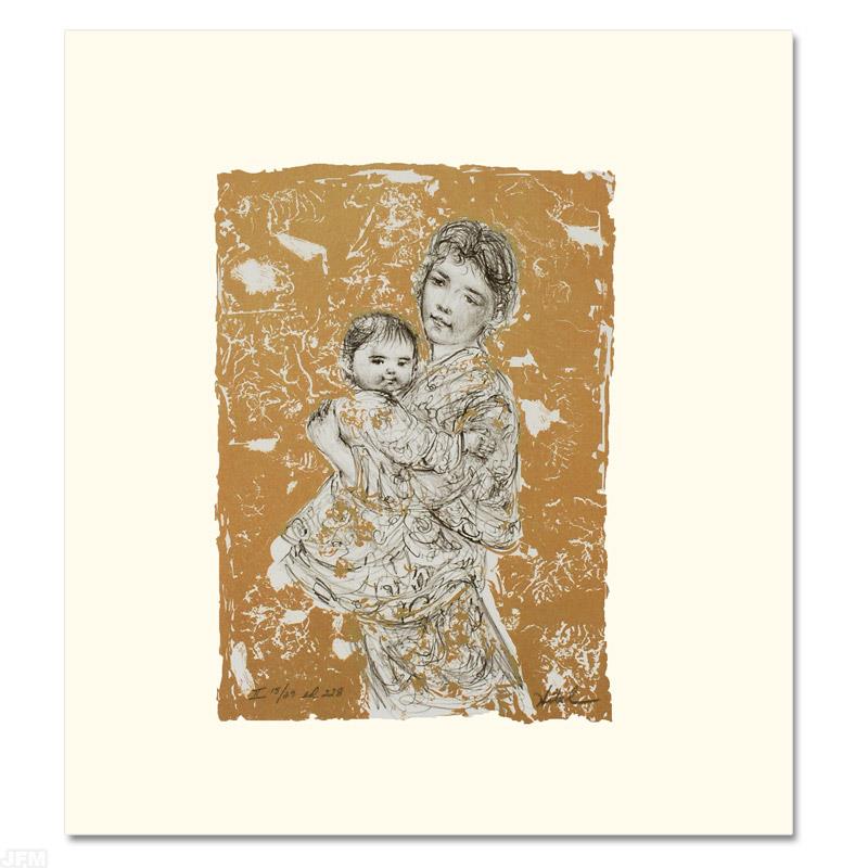 Golden Dreams by Hibel (1917-2014): "Golden Dreams" is a limited edition lithograph on paper, numbered and hand signed by Edna Hibel (1917-2014). Includes Certificate of Authenticity! Measures approx. 21" x 26.5" (with border), 9.5" x 1