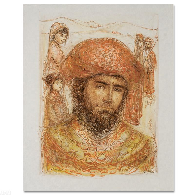 Joshua at the Jordan by Hibel (1917-2014): "Joshua at the Jordan" is a limited edition lithograph on paper, numbered and hand signed by Edna Hibel (1917-2014). Includes Certificate of Authenticity! Measures approx. 22" x 30" (with border), 17"