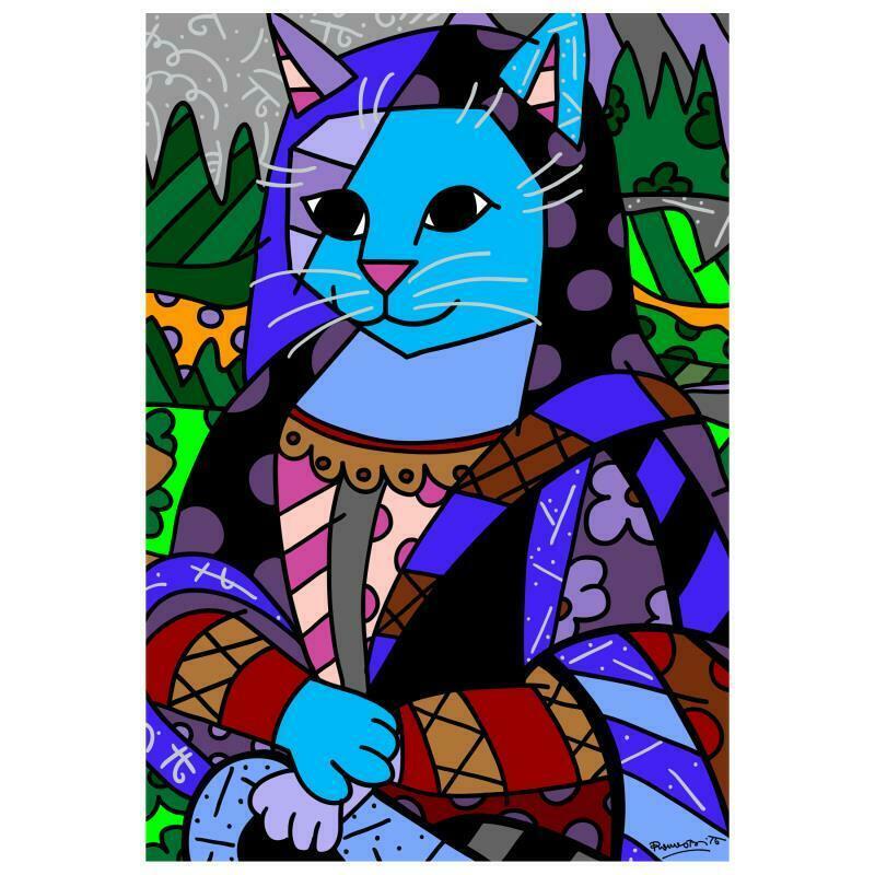 New Mona Cat by Britto, Romero: "New Mona Cat" is an open edition giclee on canvas by Romero Britto. The piece comes hand signed by the artist and is authenticated en verso with the official Britto stamp. Measures approximately: 15"