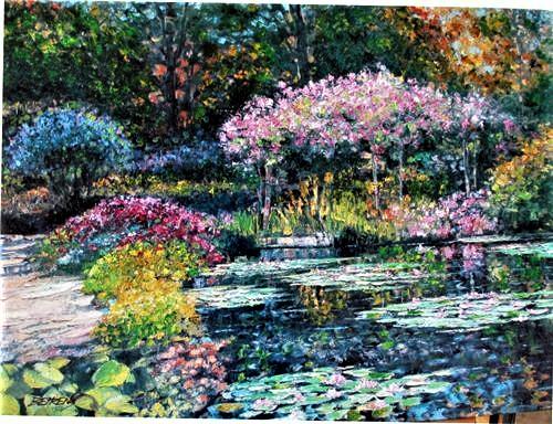 Howard Behrens "GIVERNY LILY POND (from THE "TRIBUTE TO: Howard Behrens "GIVERNY LILY POND (from THE "TRIBUTE TO MONET" COLLECTION)" Heavily Embellished Hand Signed and Numbered LE Stretched Canvas Giclee, Publisher's Certificate of Authenticity Dimensions: