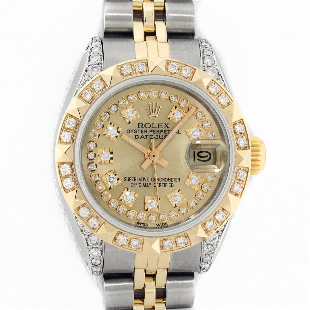Rolex Ladies 2 Tone Yellow Gold Champagne Diamond Lugs: One Ladies Two Tone Yellow Gold Rolex Datejust Polished, Serviced & Electronically Tested, Yellow Gold & Stainless Steel Case: 26mm, Yellow Gold Crown, Diamond Lugs: 24 Diamonds On Lugs, Clarity: SI-V