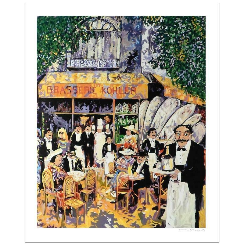 Brasserie Kholer by Buffet, Guy: "Brasserie Kholer" is a limited edition serigraph on paper by Guy Buffet. It is numbered, hand-signed by the artist, and comes with a Certificate of Authenticity. Measures approx. 29" x 36" (image).