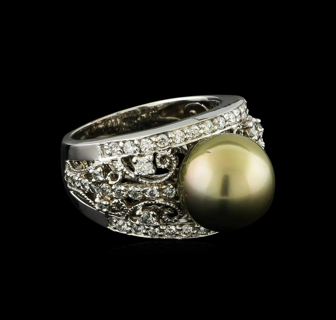 Tahitian Pearl and Diamond Ring - 14KT White Gold: One electronically tested 14KT white gold lady's cast fashion ring with a bright polish with milgrain detailing finish. The featured lady's ring has a shank measuring 4.86 millimeters wide. Identified