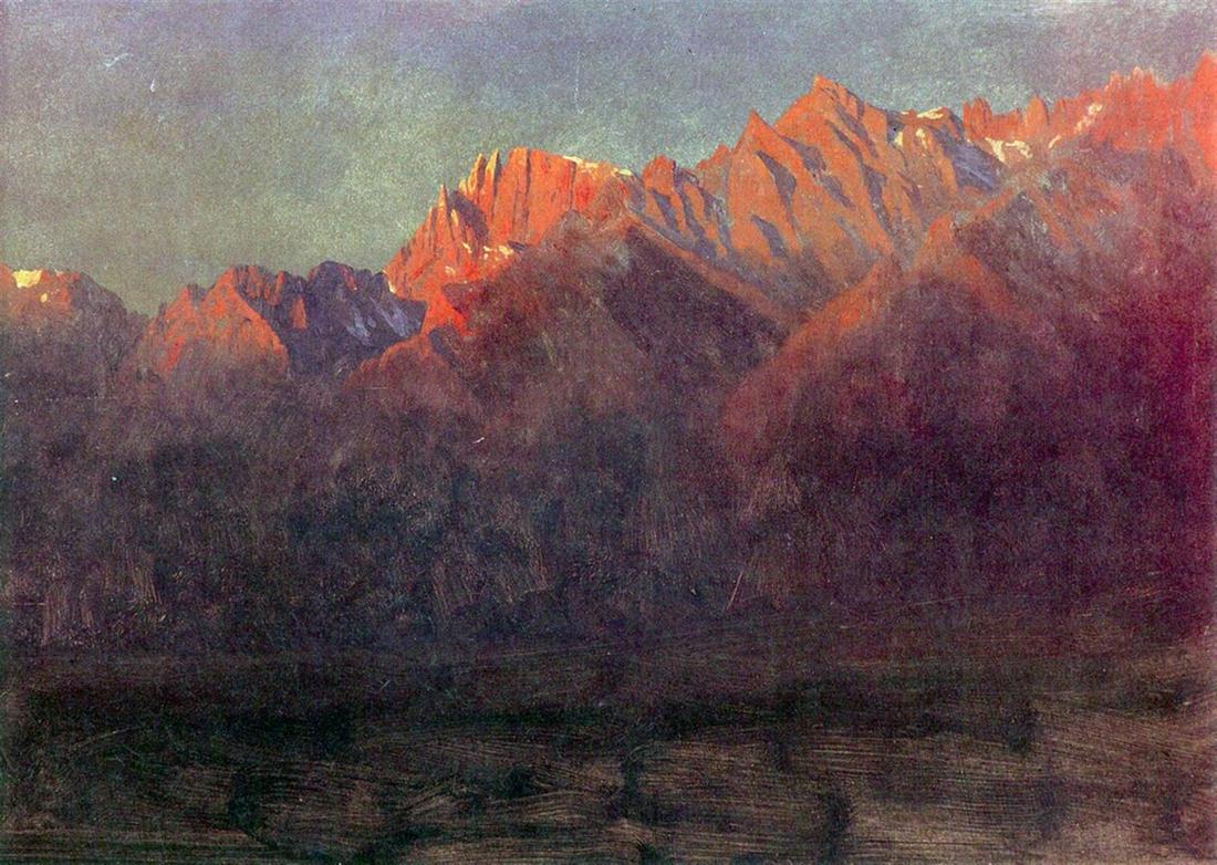 Sunrise in the Sierras by Albert Bierstadt: Artist: Albert Bierstadt - Title: Sunrise in the Sierras - Medium: Fine Art Giclee on Canvas - Image Size: Approximately 14.25 inches x 20 inches - Unframed on Unstretched Canvas - Biography: Bierstad