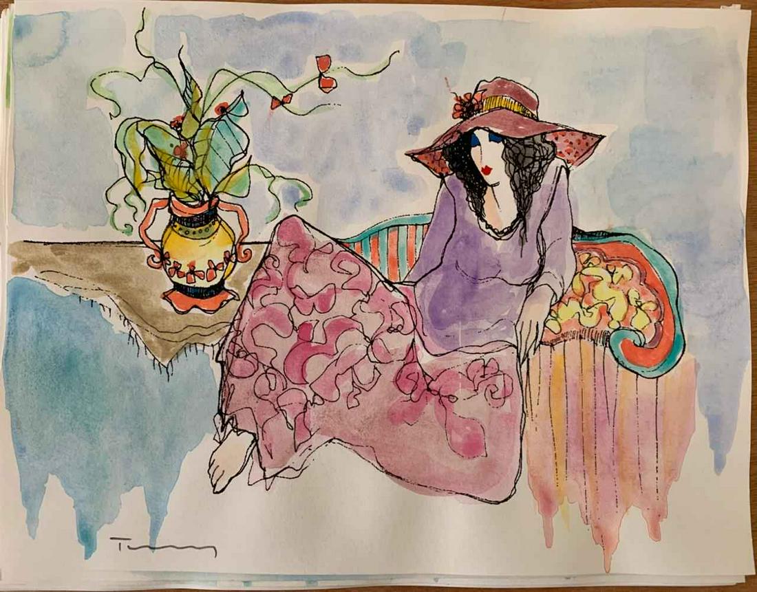 Itzchak Tarkay "Watercolor (Untitled Ref. #8)": Itzchak Tarkay "Watercolor (Untitled Ref. #8)" Original Mixed Media Watercolor, Hand Signed Dimensions: 11 x 8.5 inches