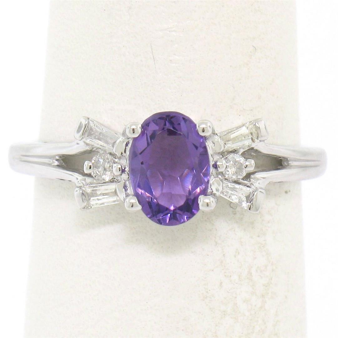 14K White Gold 1.05 ctw Oval Amethyst Solitaire Ring w/: One NEW 14K White Gold 1.05ctw Oval Amethyst Solitaire Ring w/ 6 Diamond Accents. Item Details: Material: 14K Solid White Gold, Weight: 2.57 Grams, Stone(s): (1) Natural Genuine Amethyst - Oval Cut - 