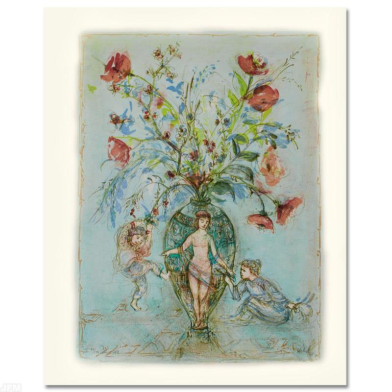 Sprites of the Grecian Urn by Hibel (1917-2014): Wild lines and muted colors make Edna Hibel's art stand out in any room. "Sprites of the Grecian Urn" is a limited edition lithograph on paper, numbered and hand signed by Hibel. Includes Certificate 
