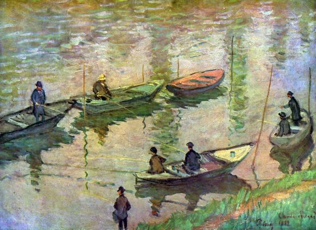 Claude Monet - Fishermen on the Seine at Poissy: Artist: Claude Monet - Title: Fishermen on the Seine at Poissy - Medium: Fine Art Reproduction Giclee on Canvas - Image Size: Approximately 14.5 inches x 20 inches - Unframed on Unstretched Canvas - B