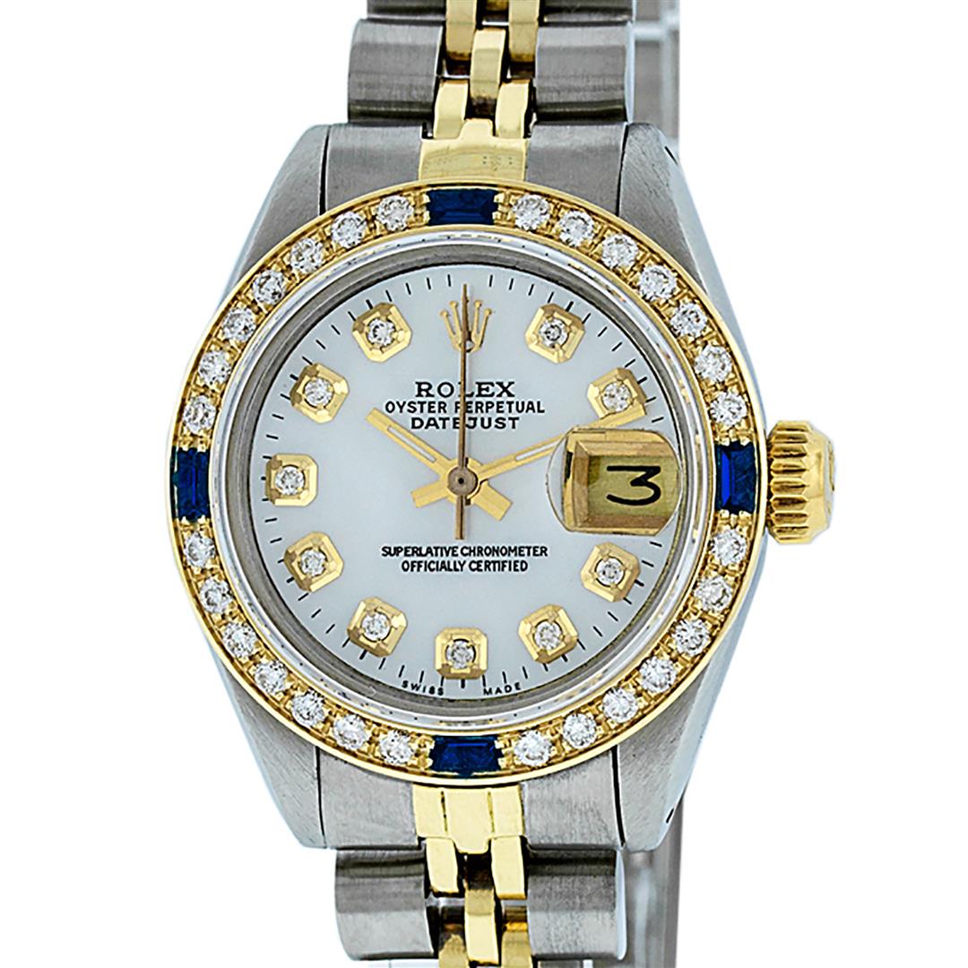 Rolex Ladies 2 Tone MOP Diamond & Sapphire Datejust: One Ladies Two Tone Rolex Datejust Polished, Serviced & Electronically Tested, Yellow Gold & Stainless Steel Case: 26mm, Yellow Gold Crown, Custom Bezel: New 18K Yellow Gold Sapphire Beadset Diamond B