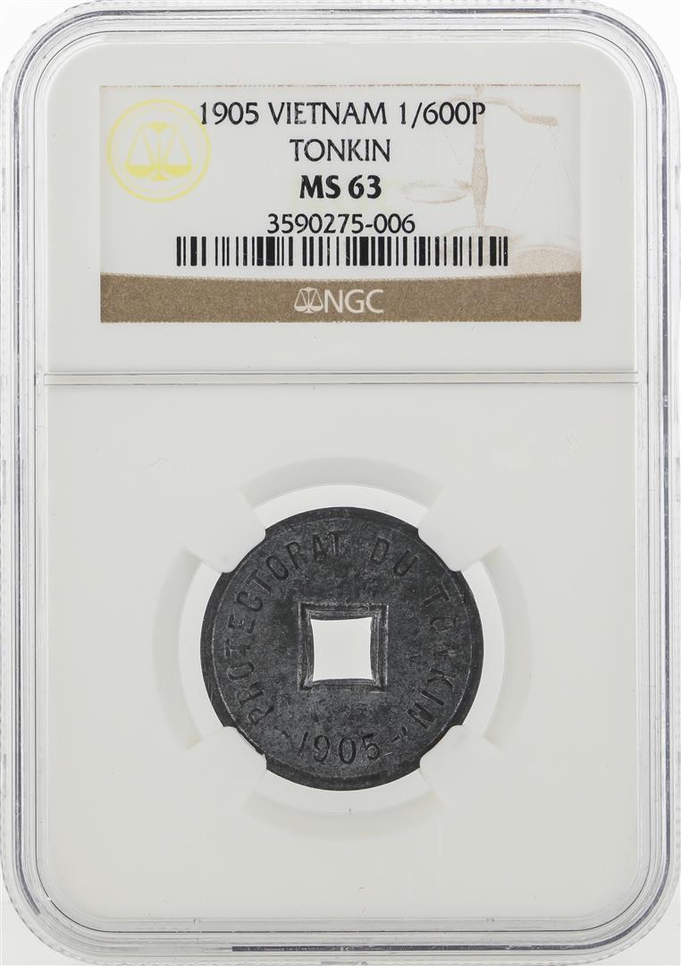 1905 Vietnam Tonkin 1/600 Piastre Coin NGC MS63: One 1905 Vietnam Tonkin 1/600 Piastre Coin NGC MS63. NGC Certified.
