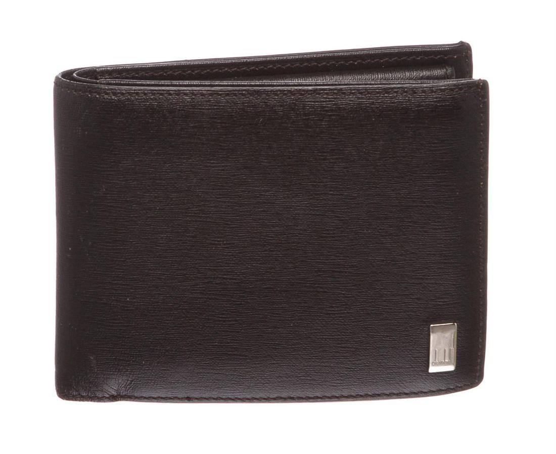 Dunhill Black Leather Bi Fold Wallet: Dunhill black leather bi fold wallet. Inner four card slot, money slip pocket, snap closure change pocket and leather lining.