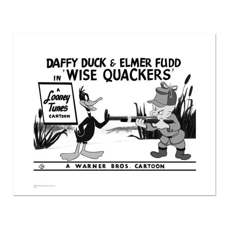 Wise Quackers - Gun by Looney Tunes: "Wise Quackers - Gun" is a limited edition giclee on paper from Warner Bros. featuring iconic Looney Tunes characters. The art was taken from an original Lobby Card used to promote "Wise Quackers"dire