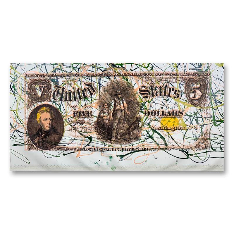 1907 Andrew Jackson Five Dollar Bill by Steve Kaufman: "1907 Andrew Jackson Five Dollar Bill " is a limited edition hand pulled silkscreen mixed media on canvas by Andy Warhol protege Steve Kaufman (1960-2010). This piece is numbered and AP 45/50 and hand