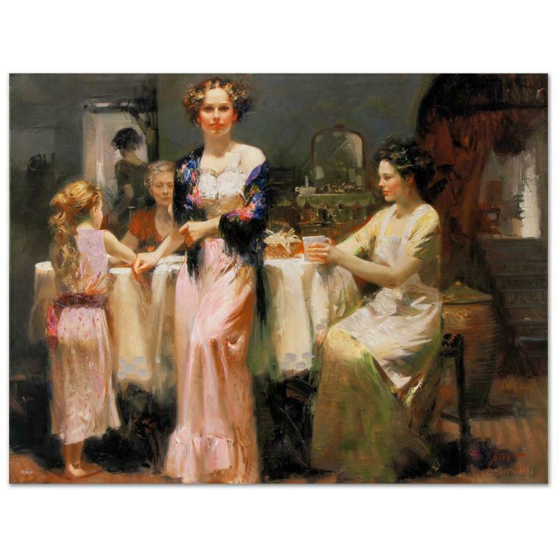 The Gathering by Pino (1939-2010): "The Gathering" is a limited edition giclee on stretched canvas that has been hand-embellished by Pino himself, PP Numbered and Hand signed by Pino (1939-2010). Includes Certificate of Authenticity. M