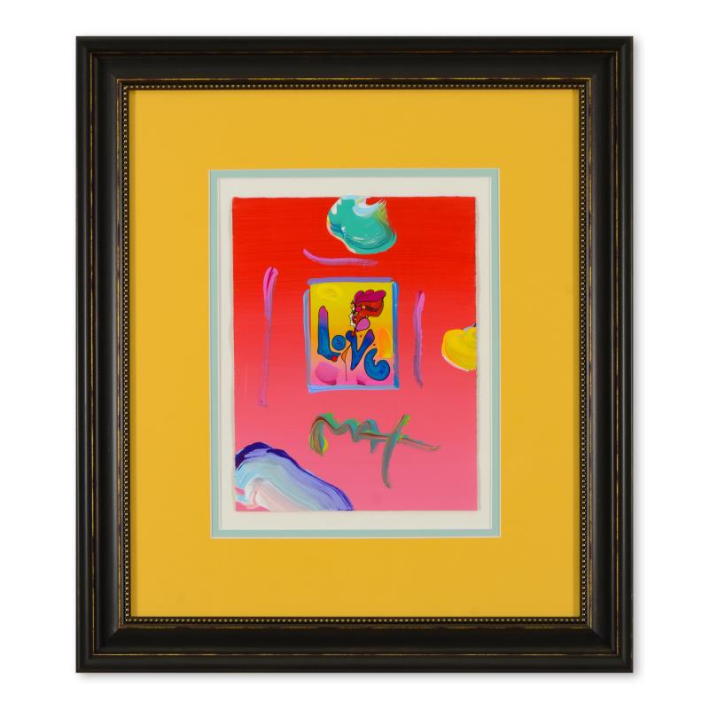 Love by Peter Max: "Love" is a one-of-a-kind acrylic mixed media on paper, hand signed by Peter Max. This piece comes custom framed. Includes Certificate of Authenticity from Peter Max Studios. Measures approx. 19.5" x
