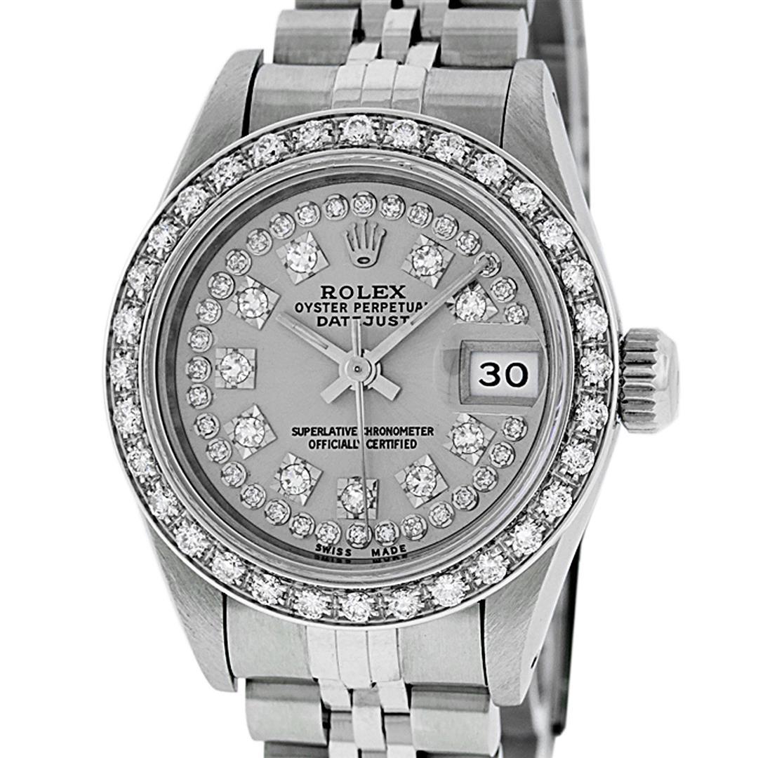 Rolex Ladies Stainless Steel Slate Grey Diamond Lugs: One Ladies Stainless Steel Rolex Oyster Perpetual Datejust Polished Bright with Satin Finish, Serviced & Electronically Tested, Stainless Steel Case: 26mm, Stainless Steel Crown. Custom Bezel: New 18K
