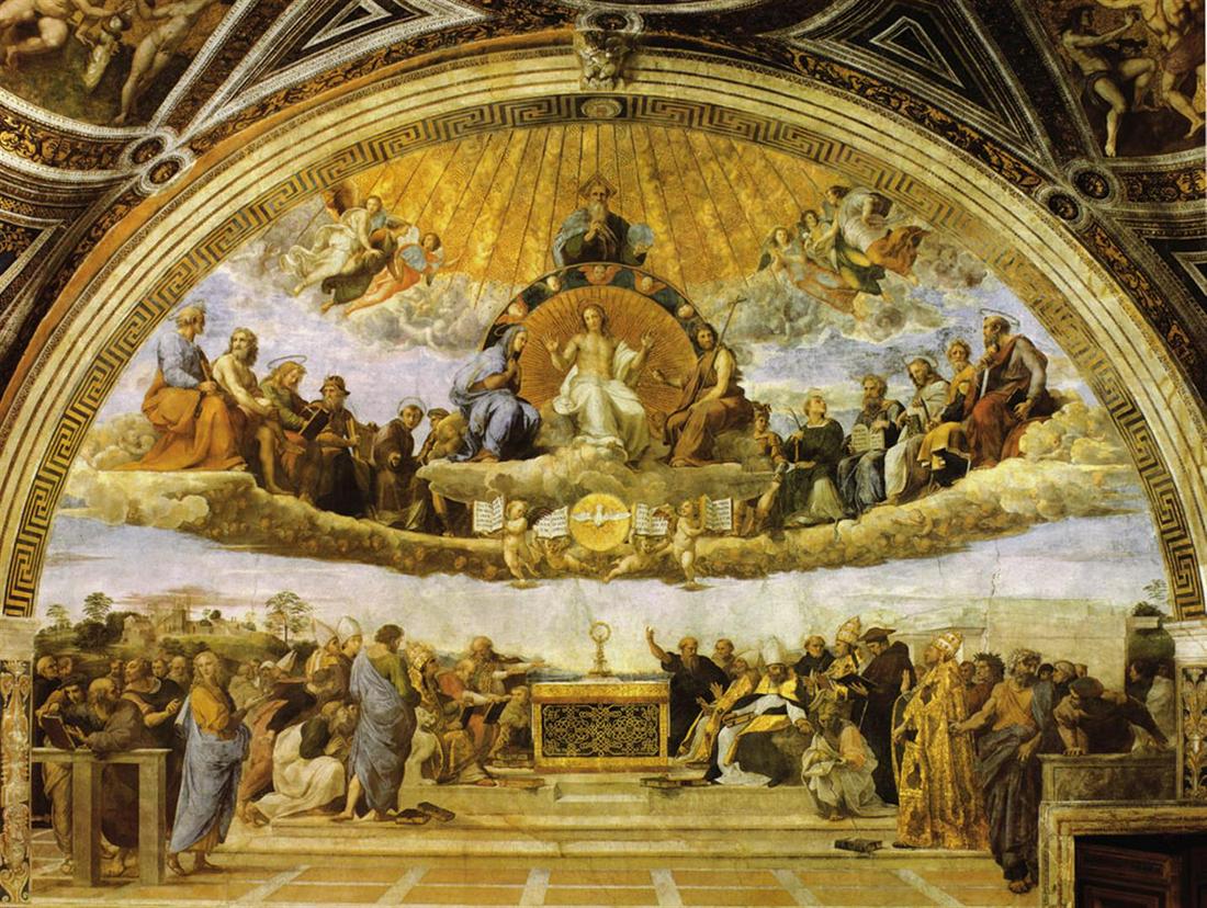 Raphael Eucharist on Canvas: Artist: Raphael - Title: Eucharist - Medium: Fine Art Giclee on Canvas - Image Size: Approximately 15 inches x 20 inches - Unframed on Unstretched Canvas - A leading figure of Italian High Renaissance