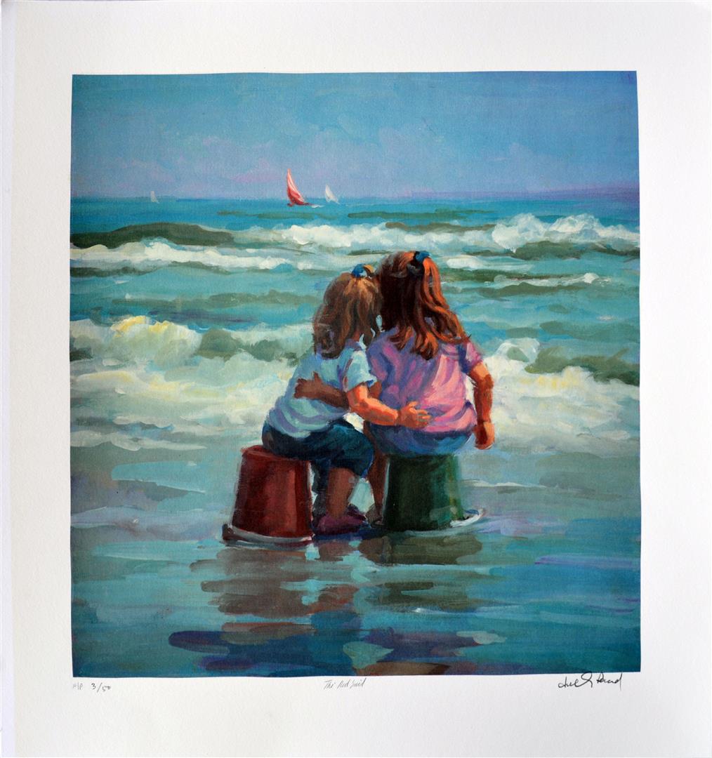 Lucelle Raad Adorable The Red Sail: Artist: Lucelle Raad (b. 1942) - Title: The Red Sail - Medium: Serigraph on Fine Art Paper - Signature: Hand-signed by the Artist - Limited Edition: AP 50 - Image Size: Approximately 16 Inches x 15 in