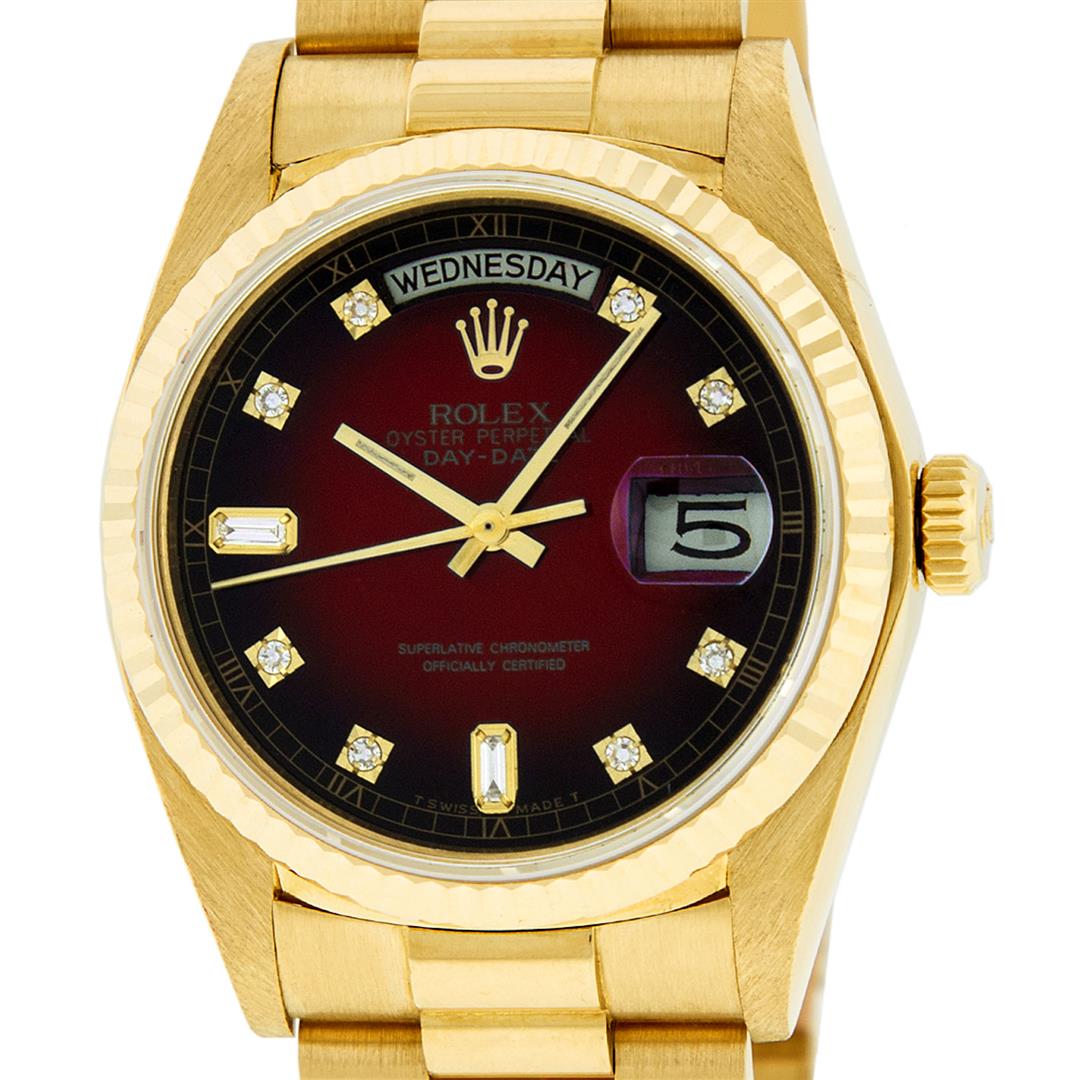 Rolex Mens 18K Yellow Gold Red Vignette Diamond: One Mens Quickset Rolex Day Date 18K Yellow Gold President Polished, Serviced & Electronically Tested, 18K Yellow Gold Case: 36mm, 18K Yellow Gold Crown, Bezel: 18K Yellow Gold Fluted Bezel. Custom Cr