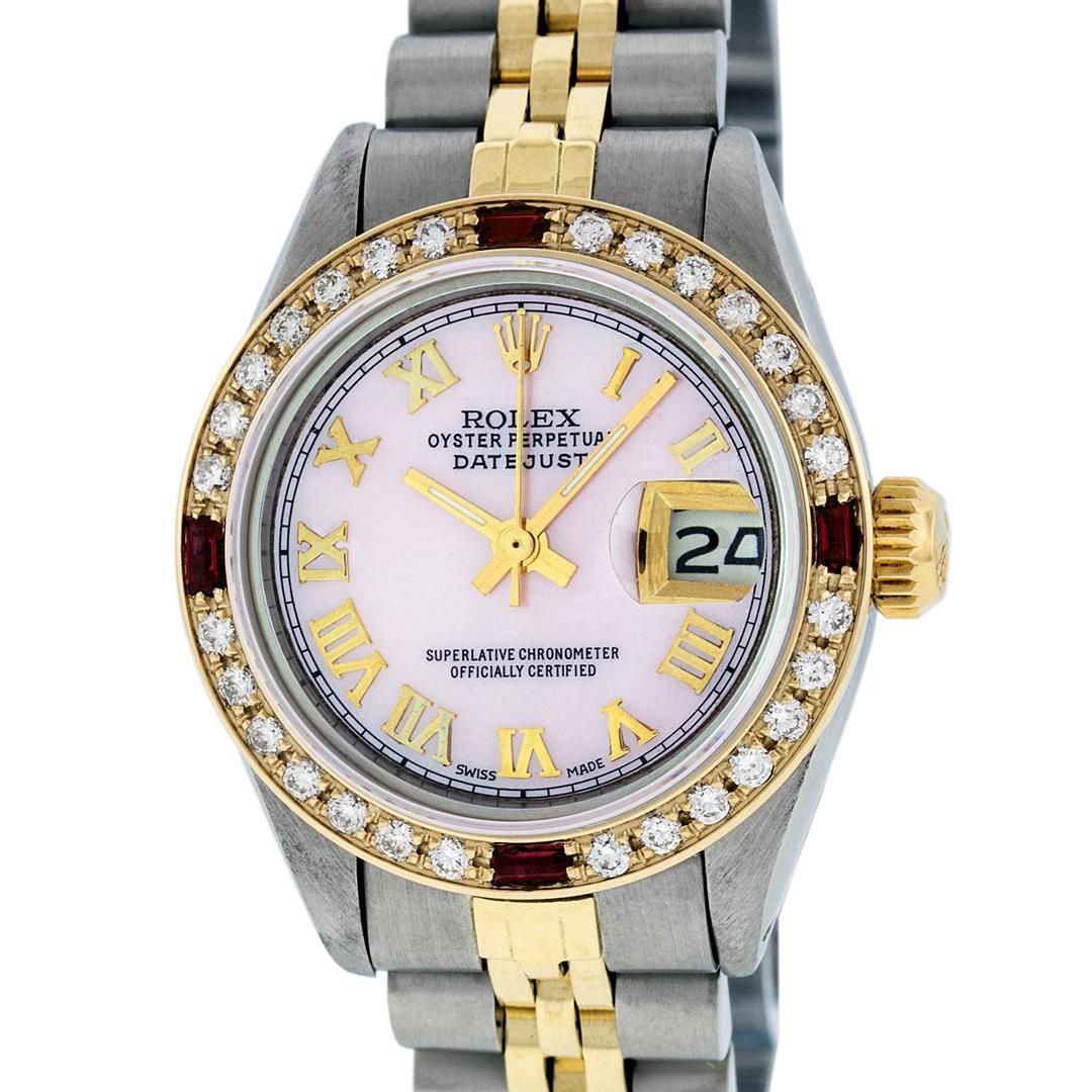 Rolex Ladies 2 Tone Pink MOP Diamond & Ruby Datejust: One Ladies Two Tone Rolex Datejust Polished, Serviced & Electronically Tested, Yellow Gold & Stainless Steel Case: 26mm, Yellow Gold Crown, Custom Bezel: New 18K Yellow Gold Ruby Beadset Diamond Bezel
