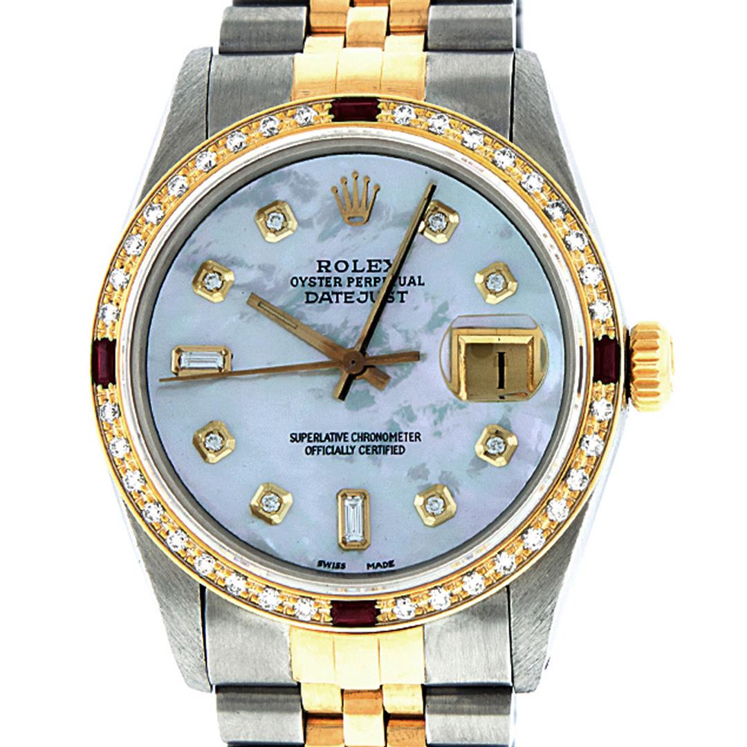 Rolex Mens 2T Mother Of Pearl Diamond & Ruby Datejust: One Mens Yellow Gold Two Tone Rolex Datejust Polished, Serviced & Electronically Tested, Yellow Gold & Stainless Steel Case: 36mm, Yellow Gold Crown, Custom Bezel: New 18K Yellow Gold Ruby Beadset Dia