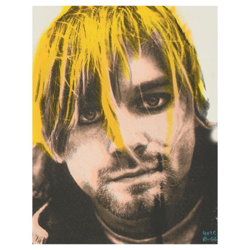 Ringo Daniel Funes (Protege of Andy Warhol's: "Kurt's Music Notes (Cobain)" is a one-of-a-kind hand-painted mixed media on canvas by Ringo (Daniel Funes) - protege of Andy Warhol's apprentice, Steve Kaufman. This piece is hand signed by the artis