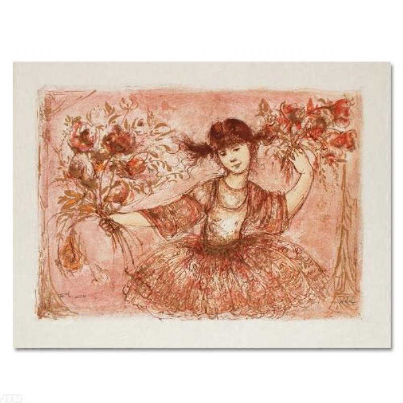 Jennifer Mary Taking a Bow at the Bolshoi by Hibel: "Jennifer Mary Taking a Bow at the Bolshoi" is a limited edition lithograph on paper, numbered and hand signed by Edna Hibel (1917-2014). Includes Certificate of Authenticity! Measures approx. 25" x 1