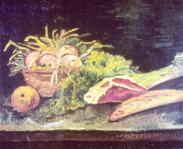 Van Gogh - Still Life, Apple Basket, Meat and Bread: Artist: Vincent Van Gogh - Title: Still Life, Apple Basket, Meat and Bread Rolls - Medium: Fine Art Reproduction Giclee on Archival Canvas - Image Size: Approximately 26.75 inches x 32 inches - Unfram