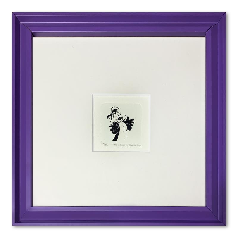 Pepe le Pew by Looney Tunes: "Pepe le Pew" is a limited edition etching on paper with hand-tinted coloring from Warner Bros, numbered and dated 1999. This piece comes framed. Measures approximately 9" x 9" (with frame), 2" x 2" (