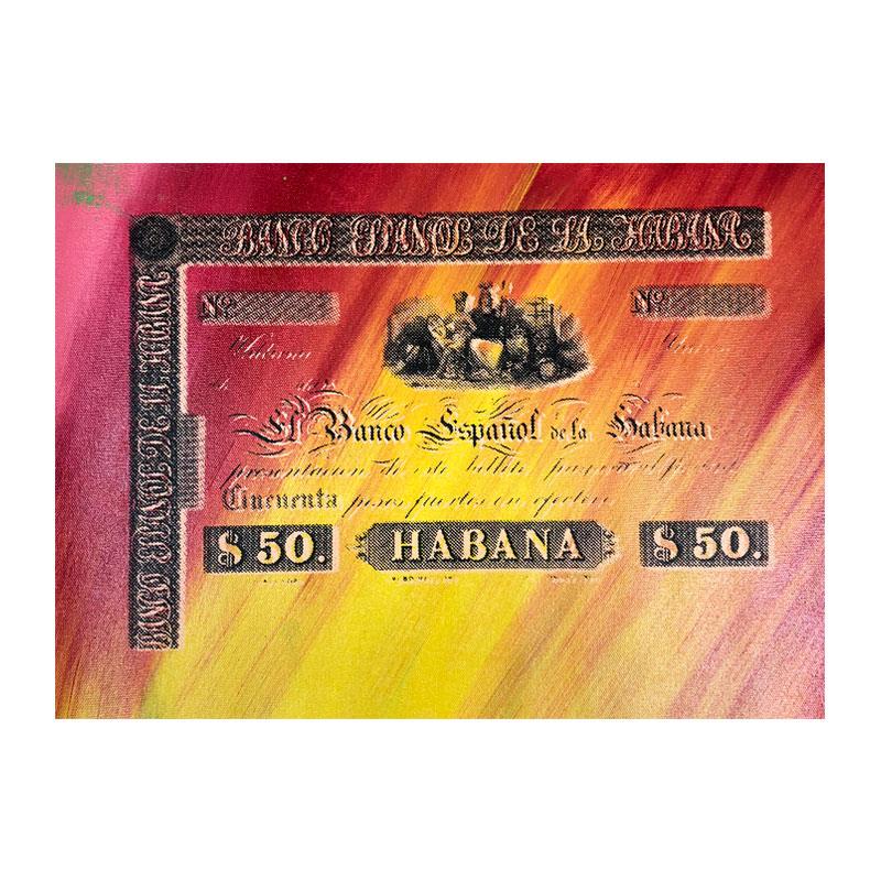 Steve Kaufman (1960-2010), "Banco Espanol de la Habana": "Banco Espanol de la Habana" is a limited edition hand pulled silkscreen mixed media on canvas by Andy Warhol protege Steve Kaufman (1960-2010). This piece is numbered and 6/50 and hand signed inverso
