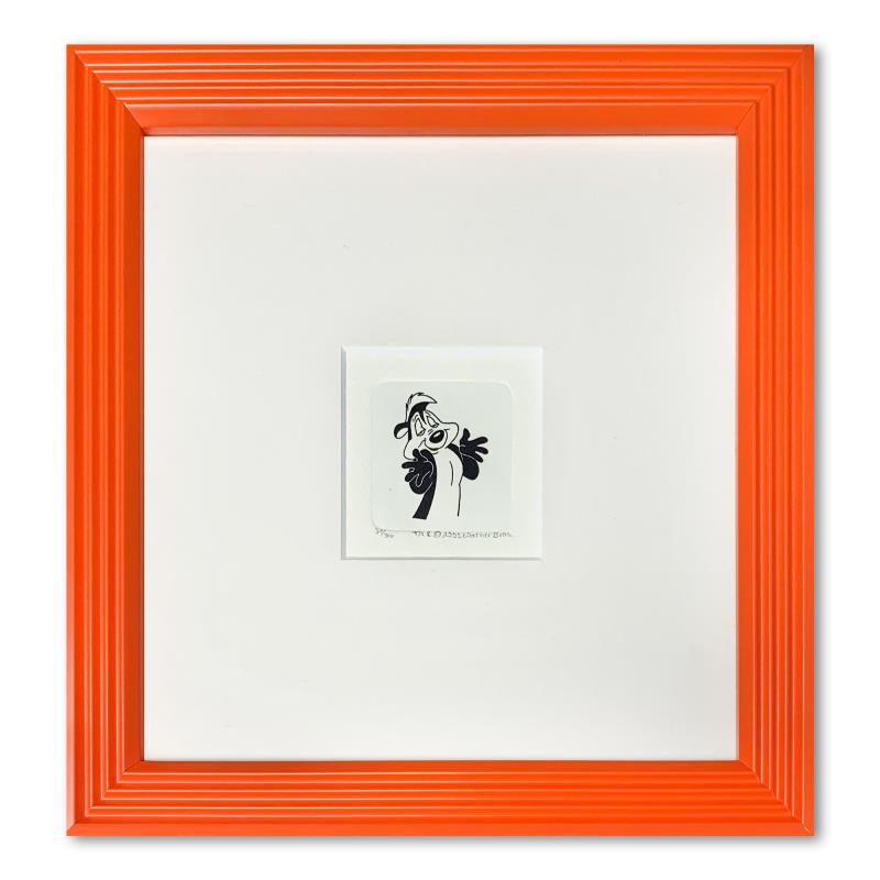 Pepe le Pew by Looney Tunes: "Pepe le Pew" is a limited edition etching on paper with hand-tinted coloring from Warner Bros, numbered and dated 1999. This piece comes framed. Measures approximately 9" x 9" (with frame), 2" x 2" (