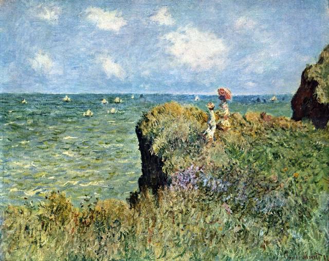Claude Monet - Walk on the Cliffs: Artist: Claude Monet - Title: Walk on the Cliffs - Medium: Fine Art Reproduction Giclee on Canvas - Image Size: Approximately 15.75 inches x 20 inches - Unframed on Unstretched Canvas - Biography: Cla