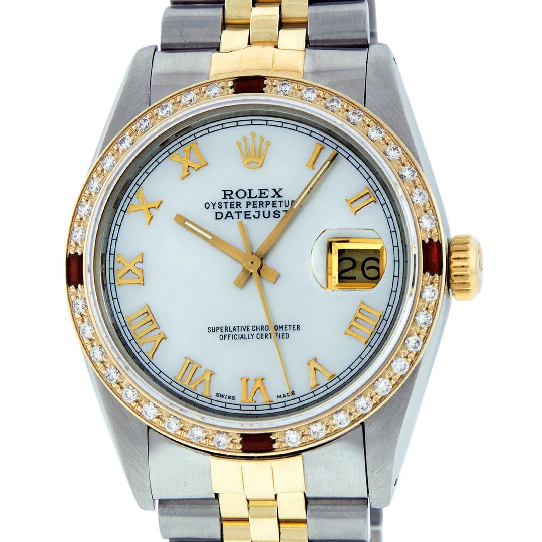 Rolex Mens 2 Tone Mother Of Pearl Diamond & Ruby 36MM: One Mens Yellow Gold Two Tone Rolex Datejust Polished, Serviced & Electronically Tested, Yellow Gold & Stainless Steel Case: 36mm, Yellow Gold Crown, Custom Bezel: New 18K Yellow Gold Beadset & Ruby D